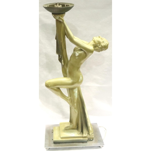 285 - Large original Art Deco female nude dancer cast plaster table lamp, requires rewiring, H: 60 cm. P&P... 