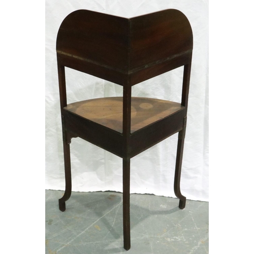 3103 - A George III inlaid mahogany corner wash stand with single drawer, W: 57 cm, H: 97 cm. Not available... 