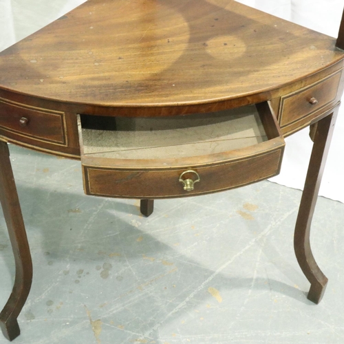 3103 - A George III inlaid mahogany corner wash stand with single drawer, W: 57 cm, H: 97 cm. Not available... 