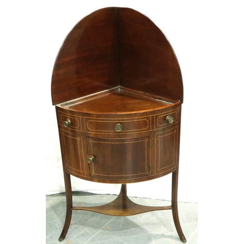 3108 - An Edwardian inlaid mahogany corner washstand, metamorphic top with single door below, W: 64 cm, H: ... 