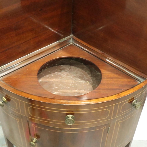 3108 - An Edwardian inlaid mahogany corner washstand, metamorphic top with single door below, W: 64 cm, H: ... 