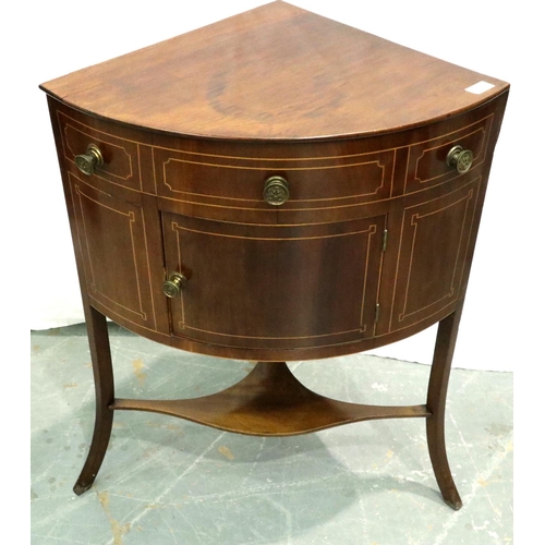 3108 - An Edwardian inlaid mahogany corner washstand, metamorphic top with single door below, W: 64 cm, H: ... 