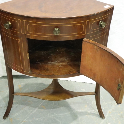 3108 - An Edwardian inlaid mahogany corner washstand, metamorphic top with single door below, W: 64 cm, H: ... 