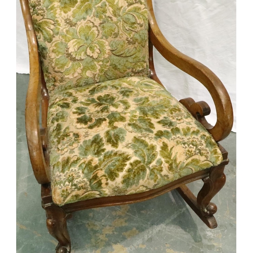 3114 - A Victorian salon rocker, walnut framed with floral upholstery. Not available for in-house P&P, cont... 