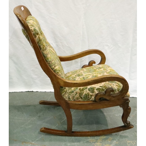 3114 - A Victorian salon rocker, walnut framed with floral upholstery. Not available for in-house P&P, cont... 