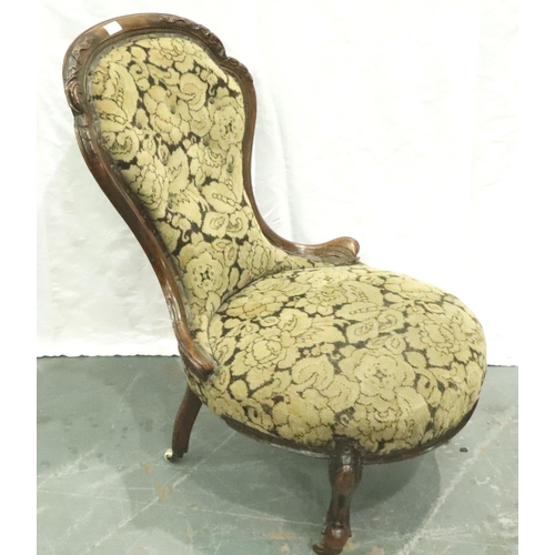 3115 - A 19th century walnut framed parlour chair with scrolling supports and buttoned upholstery. Not avai... 