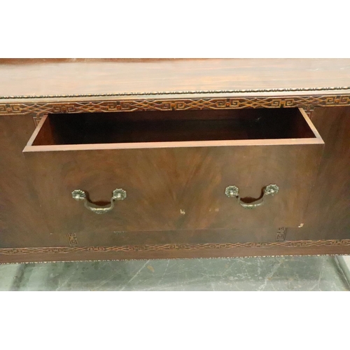 3123 - Large stained oak sideboard with two end cupboards and two central drawers, L: 180 cm. Not available... 