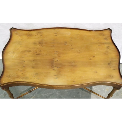 3128 - Reprodux 20th century yew coffee table, shaped, with gallery, turned supports and stretches, 77 x 46... 