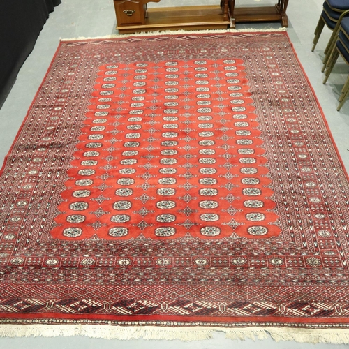 3148 - Early 20th century woollen floor rug, having geometric design against a red ground, fringed, 320 x 2... 