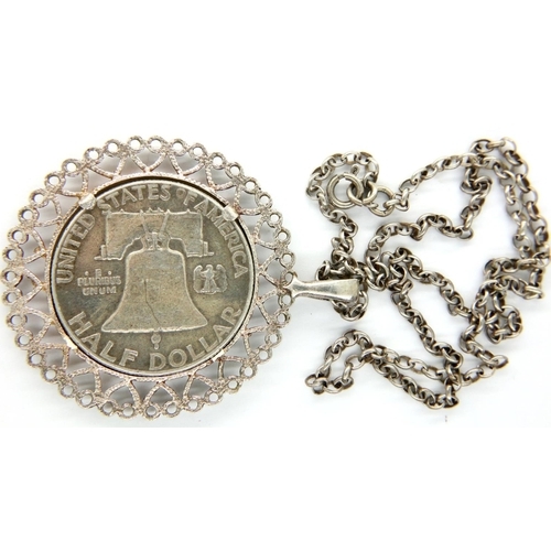 97 - Silver American half dollar pendant necklace, L: 46 cm, 23g. P&P Group 1 (£14+VAT for the first lot ... 