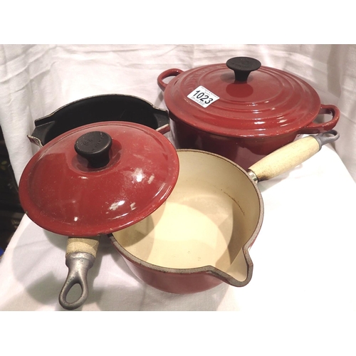 1023 - Le Creuset casserole dish lidded pan and milk pan. Not available for in-house P&P, contact Paul O'He... 