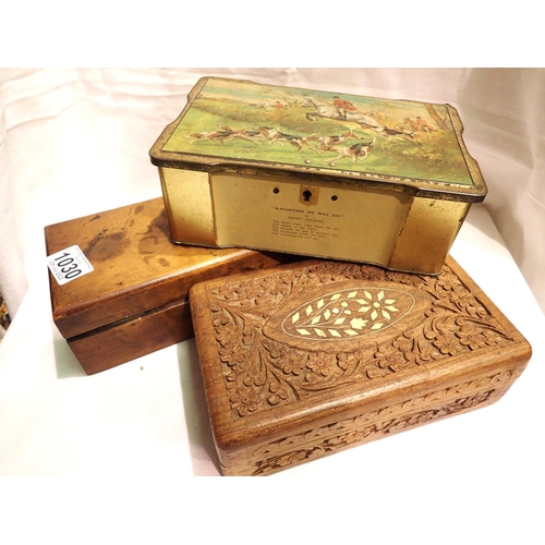 1030 - Antique wooden glove box, curved Indian box and a tin. Not available for in-house P&P, contact Paul ... 