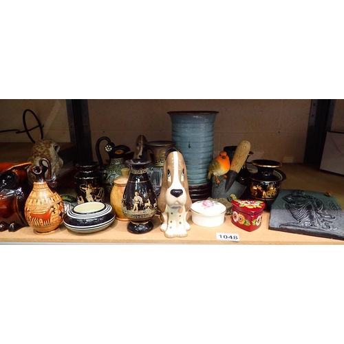 1048 - Shelf of mixed ceramics including Szeiler dogs. Not available for in-house P&P, contact Paul O'Hea a... 