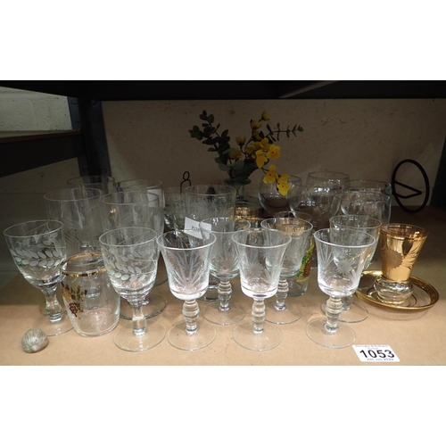 1053 - Shelf of mixed glass to include etched examples. Not available for in-house P&P, contact Paul O'Hea ... 