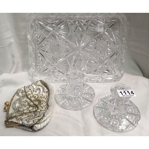 1114 - Crystal dressing table set and evening bag. Not available for in-house P&P, contact Paul O'Hea at Ma... 