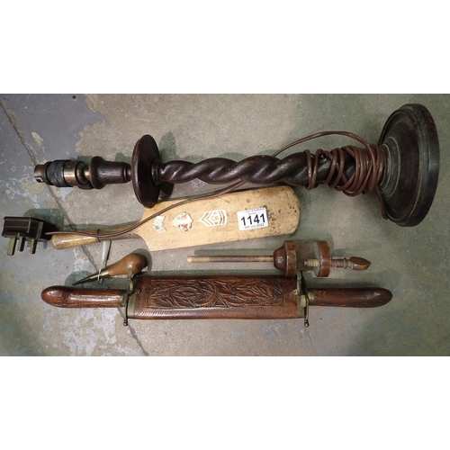 1141 - Collection of treen items including an antique spool holder. Not available for in-house P&P, contact... 