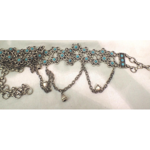 1157 - White metal eastern belly dancers belt set with turquoise cabochon stones and bells. Not available f... 