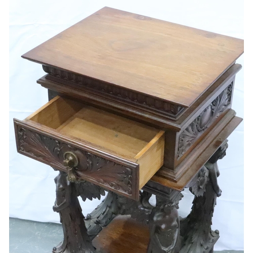 3106 - An unusual 19th century heavily carved two drawer lamp table, with supports in the form of four ange... 