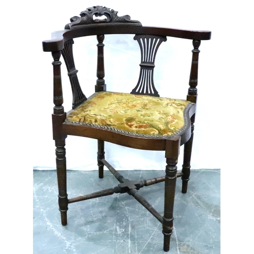 3108 - An Edwardian mahogany corner chair with studded upholstery. Not available for in-house P&P, contact ... 