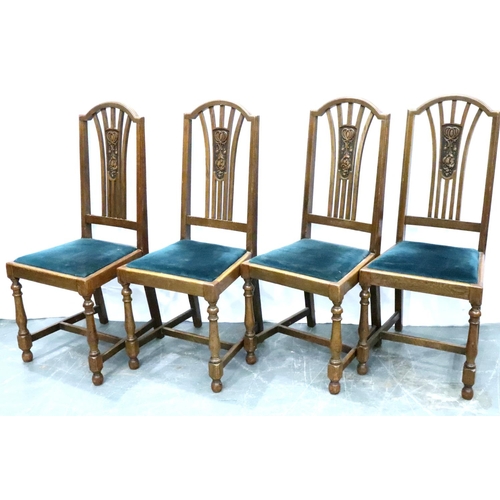 3112 - A set of four oak framed dining chairs with upholstered drop in seats. Not available for in-house P&... 