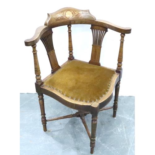 3115 - Edwardian inlaid corner chair with upholstered seat. Not available for in-house P&P, contact Paul O'... 