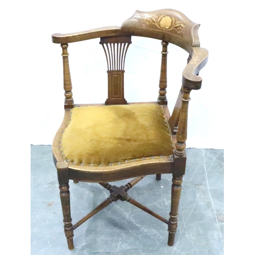 3115 - Edwardian inlaid corner chair with upholstered seat. Not available for in-house P&P, contact Paul O'... 