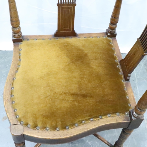 3115 - Edwardian inlaid corner chair with upholstered seat. Not available for in-house P&P, contact Paul O'... 