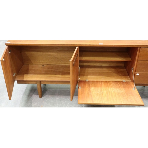 3122 - Mid 20th century teak sideboard, 199 x 45 x 73 cm H. Wear to top, lacking interior shelf to left cup... 