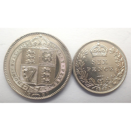 3009 - 1887 silver sixpence and shilling of Queen Victoria, both high grade. P&P Group 0 (£5+VAT for the fi... 