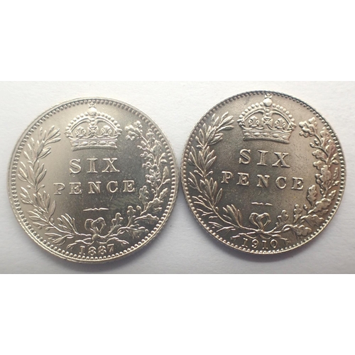 3015 - 1887 and 1910 silver sixpences of Edward VII and Queen Victoria, in EF condition. P&P Group 0 (£5+VA... 