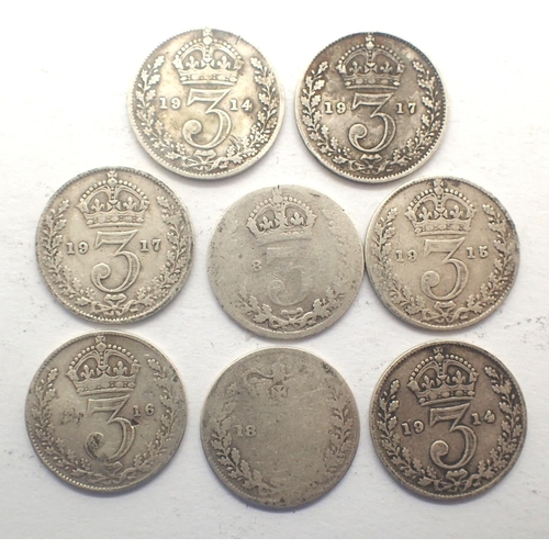 3052 - Eight silver threepences including Victorian and later. P&P Group 0 (£5+VAT for the first lot and £1... 