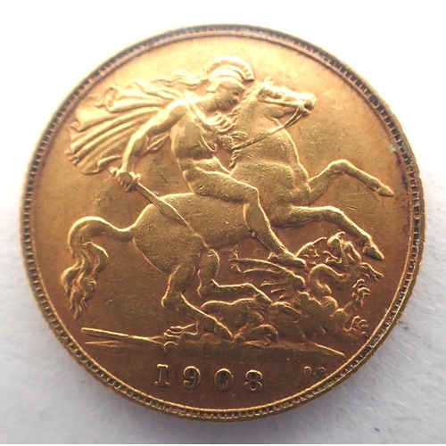 3054 - 1908 gold half sovereign of Edward VII. P&P Group 0 (£5+VAT for the first lot and £1+VAT for subsequ... 