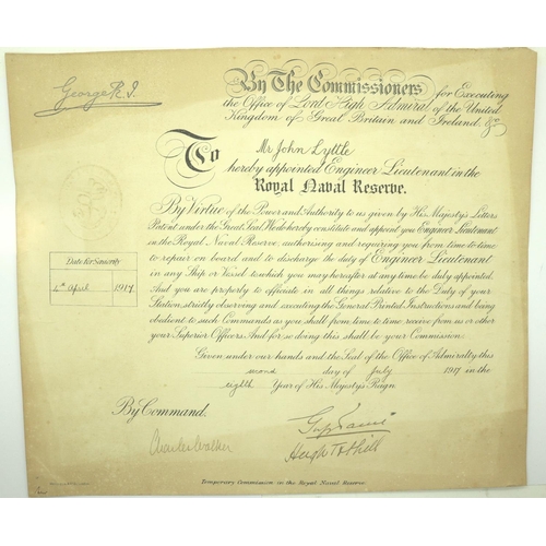 2080 - Naval commissions for engineer Lieutenant John Lyttle dated 1917, with a further indenture dated 185... 