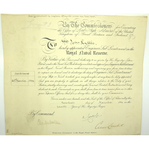 2080 - Naval commissions for engineer Lieutenant John Lyttle dated 1917, with a further indenture dated 185... 