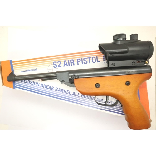 2196 - Milbro S2 air pistol .22 with a tri-colour 2x optic scope, boxed. P&P Group 2 (£18+VAT for the first... 