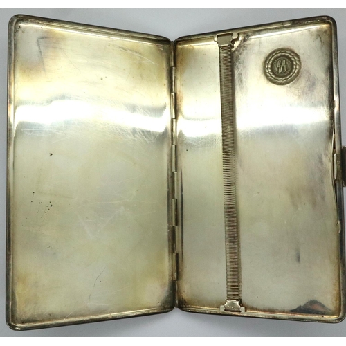 2204 - Silver plated cigarette case, with later applied SS badges and impressed, 17 x 8 cm. P&P Group 1 (£1... 