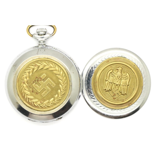 2205 - Modern chrome pocket watch with Third Reich emblems, working at lotting. P&P Group 1 (£14+VAT for th... 