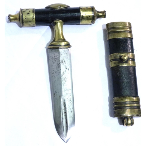 2291 - 19th / 20th century Punch dagger with ebonised fruitwood handle and brass mounted leather sheath, pr... 