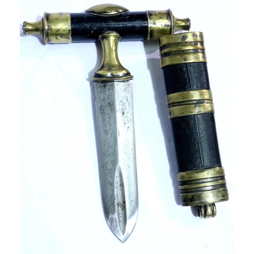 2291 - 19th / 20th century Punch dagger with ebonised fruitwood handle and brass mounted leather sheath, pr... 