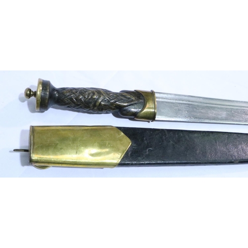 2294 - Scottish Dirk with carved wooden handle and brass mounted leather sheath, blade L: 37 cm. P&P Group ... 