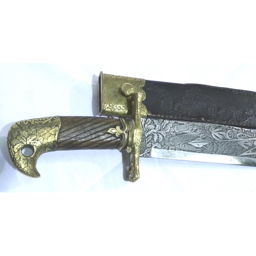 2295 - Large Bowie knife with Russian style hilt, etched and engraved, with brass mounted leather sheath, b... 