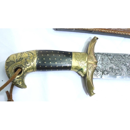 2297 - Large Bowie knife with Russian style hilt, etched and engraved, blade L: 31 cm, with leather scabbar... 