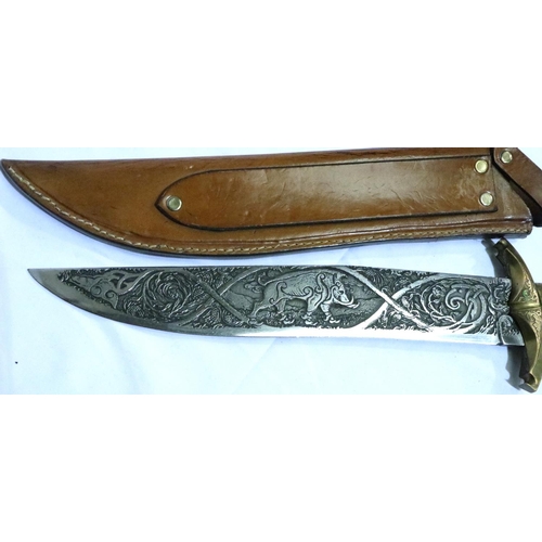 2297 - Large Bowie knife with Russian style hilt, etched and engraved, blade L: 31 cm, with leather scabbar... 