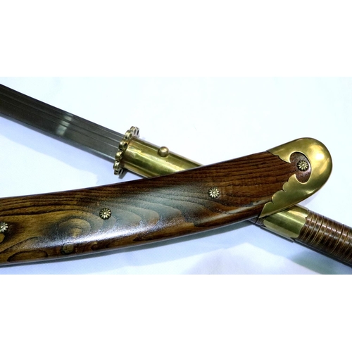 2298 - A 7ft Bannerman Naginata, with a full decorated wooden scabbard, blade L: 55 cm, 2.5kg. Forged by Fr... 