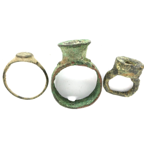 141 - Three Medieval rings, two with stones missing, one with Intaglio cross. P&P Group 0 (£5+VAT for the ... 