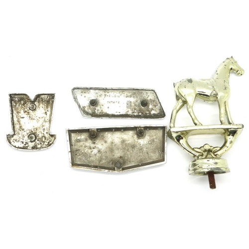 154 - Chromed standing horse car mascot H: 80 mm, and three vintage car badges. P&P Group 2 (£18+VAT for t... 