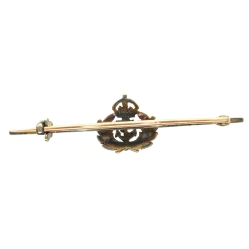 19 - 14ct gold Naval sweetheart pin, the crowned anchor wreath set with seed pearls, L: 50 mm, 3.0g. P&P ... 