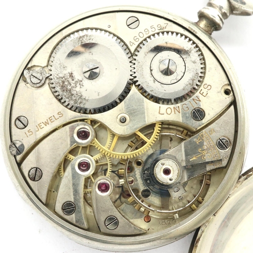 198 - Longines: gents silver pocket watch, working at lotting, case D: 45 mm, lacking a finger. P&P Group ... 