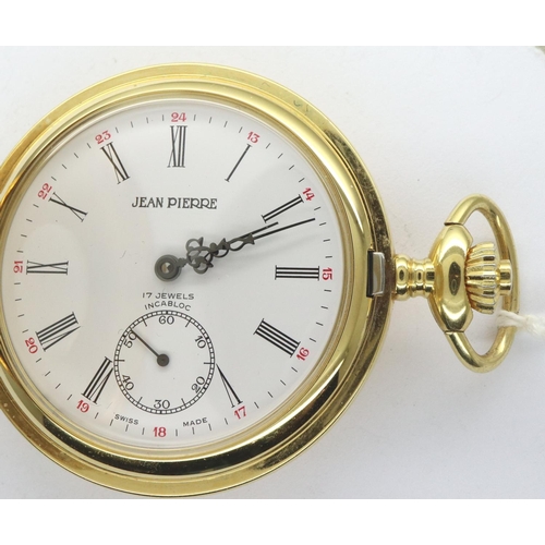 200 - Jean Pierre: modern gold plated crown wind half hunter pocket watch, working at lotting. P&P Group 1... 