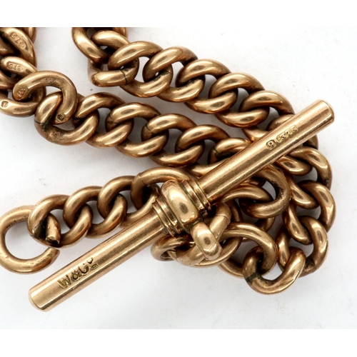 215 - 9ct gold double Albert watch chain with two claw clasps and T-bar, 52.3g. Overall L: 42 cm. All link... 